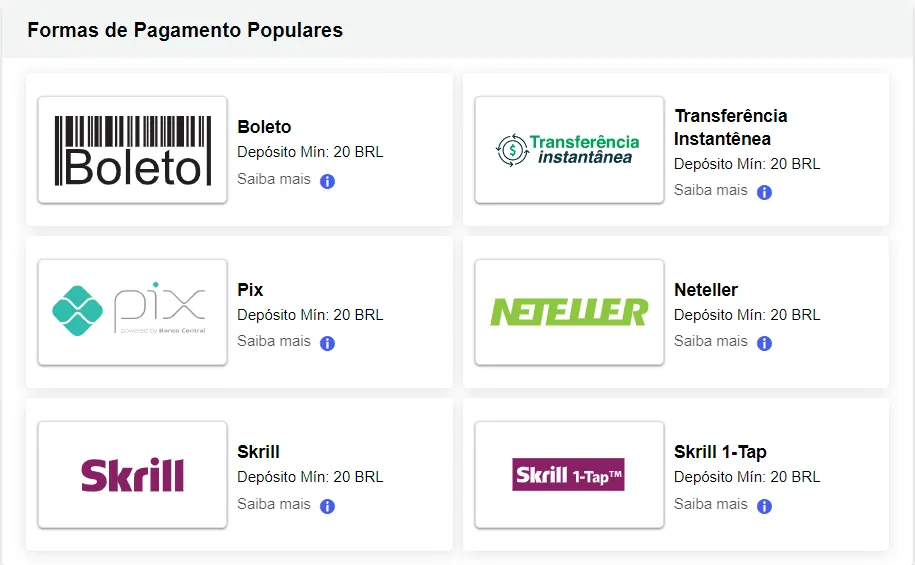 Página de pagamentos da Sportingbet mostrando métodos de depósito populares no Brasil.